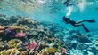 © songwut - A diver spearfishing in crystal-clear tropical waters, surrounded by vibrant coral reefs and marine life, in an underwater and adventurous style.