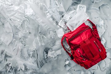 Wall Mural - Icy silver background, crimson red backpack filled with ice sculpting tools and templates, space for text, high angle shot.