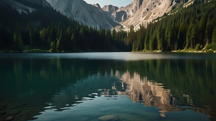 Wall Mural - A body of water with trees and mountains in the background AI generated