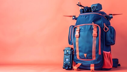 Wall Mural - Light coral background, midnight blue backpack with advanced drone piloting gear, including remote controls and cameras, space for text on top.