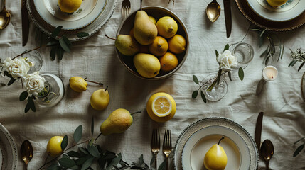 Fresh lemons and pears top view
