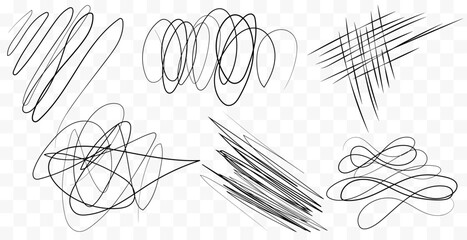 Marker drawn scribble vector set. Childish drawing. Hand draws calligraphy swirls. Curly brush strokes, marker scrawls as graphic design elements set