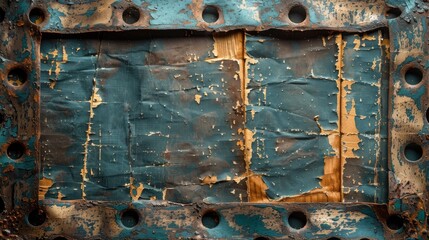 Wall Mural - Textured background showcasing aged, rusty metal with peeling blue paint and golden hues accentuating the decay