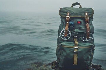 Wall Mural - Misty ocean background, olive green backpack filled with nautical navigation tools, top view, space for text.