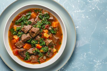 Wall Mural - Aromatic Beef Stew With Sweet Potatoes and Greens in a White Bowl
