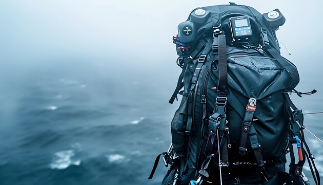 Ocean mist background, jet black backpack with paraglider harnesses and altimeters, space for text on top, high angle.