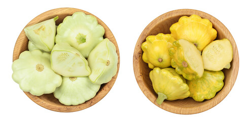 Wall Mural - green pattypan squash in wooden bowl isolated on white background. Top view 
