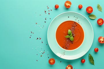 Wall Mural - A Delicious Bowl of Tomato Soup With Basil and Spice on a Turquoise Tabletop