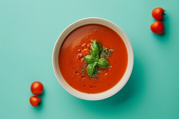 Wall Mural - A Bowl of Vibrant Tomato Soup With Fresh Basil on a Turquoise Background