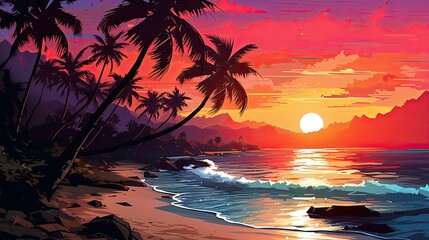 Wall Mural - Beautiful beach with palm trees and turquoise water at sunset