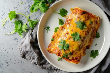 Wall Mural - A Single Serving of Cheesy Enchiladas Topped With Fresh Cilantro