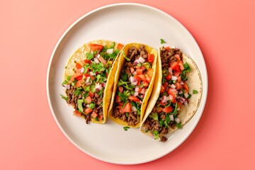 Wall Mural - A Trio of Tacos With Cilantro, Onion, and Tomato on a White Plate Against a Pink Background