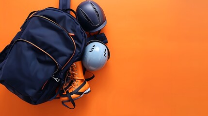 Wall Mural - Safflower orange background, midnight blue school backpack filled with gear for equestrian vaulting, including helmets and boots, space for text, from above.
