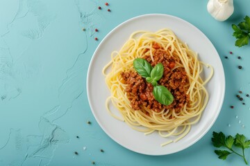 Wall Mural - A Plate of Spaghetti Bolognese With Basil and a Side of Salt and Pepper