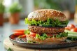 © Anastasiia S - Vegan Burger with chickpea patty, tomato, lettuce, cucumber on a plate on kitchen table. Concept: culinary blog, social media, advertising photo.