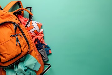 Wall Mural - Soft jade background, tangerine backpack brimming with volleyball gear and sportswear, space for text, top view.