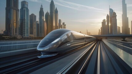 Capturing the sleek design of a high-speed train departing from a futuristic station against a backdrop of city skyscrapers.