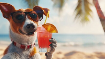 Wall Mural - Dog Drinking a Cocktail on the Beach, Wearing Sunglasses