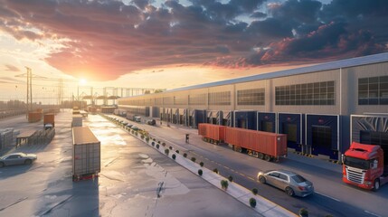 Wall Mural - A sprawling freight hub with electric trucks loading and unloading goods, renewable energy infrastructure visible in the background, showcasing eco-friendly logistics solutions.