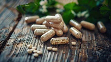 Capsules of herbal medicine on a wooden background