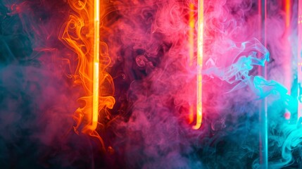 Poster - Abstract pattern of vibrant cigarette smoke illuminated by neon lights in a dimly lit room