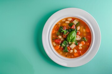 Wall Mural - A Bowl of Hearty White Bean and Vegetable Soup on a Teal Background