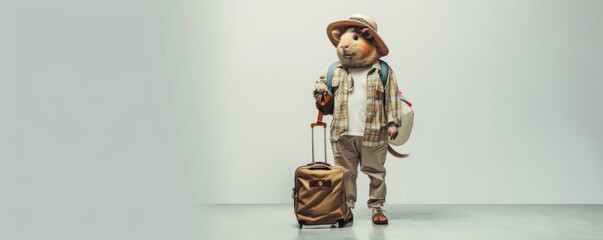 A humanoid guinea pig dressed in summer travel gear stands in front of a white background. , carrying a suitcase, travel concept