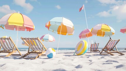 Wall Mural - Beach Chairs and Umbrellas with Beach Ball Summer Season