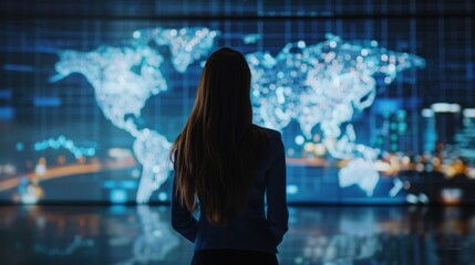 Fototapete - Businesswoman analyzing global financial markets on a large screen, showcasing international trade