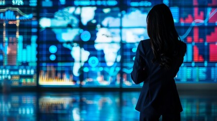 Fototapete - Businesswoman analyzing global financial markets on a large screen, showcasing international trade