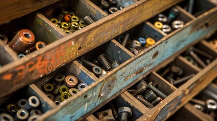 An array of nuts bolts and screws sorted meticulously in a small organizer easily accessible for quick repairs.