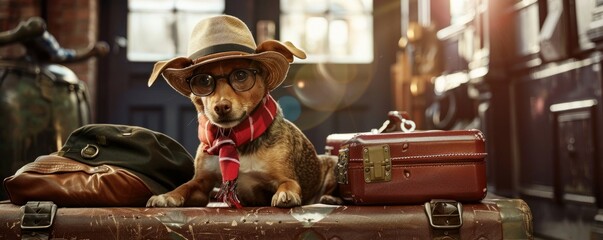 A pet dog, carrying a suitcase, travel concept