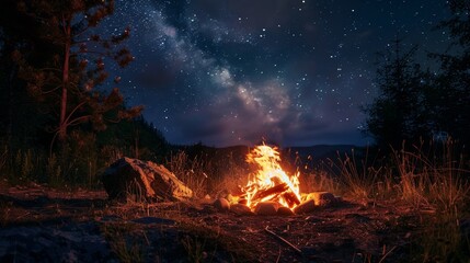 A warm campfire illuminates the forest while a stunning, star-filled night sky stretches above, showcasing the Milky Way.