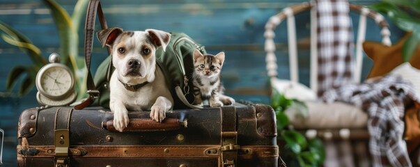 Wall Mural - A pet dog, carrying a suitcase, travel concept