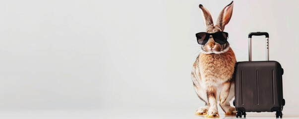Wall Mural - The rabbit wears sunglasses and carries a suitcase, traveling concept