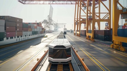 Wall Mural - Offering a glimpse of the future with an electric cargo ship docked at a port, loading and unloading containers. --ar 16:9 --style raw Job ID: c1a7621c-a680-450b-82f0-7f99f10e41c1