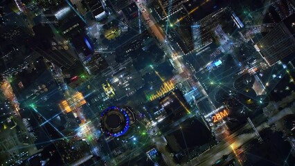 
Great Aerial View of Futuristic City With Holographic Graphs and Charts. Hyper Connected Financial District With Animated Augmented Reality Elements. Over Head At Night. Augmented Reality