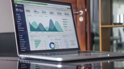 Aufkleber - Close-up of a laptop screen with a dashboard displaying various bar charts and graphs, highlighting data visualization