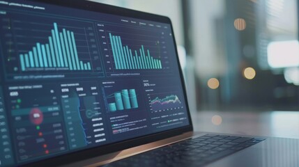 Aufkleber - Close-up of a laptop screen with a dashboard displaying various bar charts and graphs, highlighting data visualization