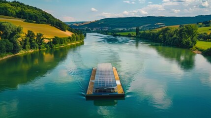 Wall Mural - Showcasing a solar-powered ferry crossing a picturesque river, highlighting sustainable water transport. --ar 16:9 --style raw Job ID: a1a426cb-41dc-4447-9909-8d02af5d09aa