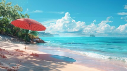 Wall Mural - Tropical Beach with Red Parasol. Scenic tropical beach with a red parasol, clear turquoise waters, and lush greenery, perfect for a relaxing escape.