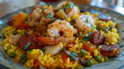 Canvas Print - Close-up of a plate of Spanish paella with saffron-infused rice, seafood, chicken, and chorizo
