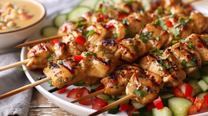 Wall Mural - Close-up of a plate of Thai chicken satay skewers with peanut sauce and cucumber relish