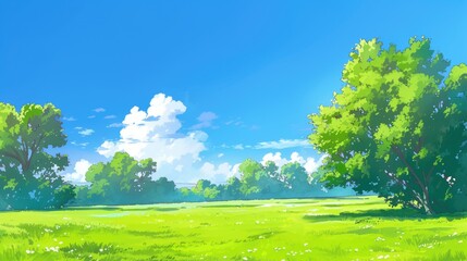 Wall Mural - Illustration background featuring lush green grass against a backdrop of clear blue skies