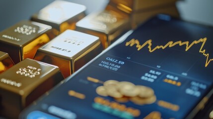 Fototapete - Close-up of a smartphone screen displaying real-time updates of gold price movements on a graph