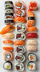 Wall Mural - Assorted sushi rolls on white background. An assortment of sushi rolls, including nigiri and maki, arranged neatly on a white background, showcasing a variety of colors and ingredients.