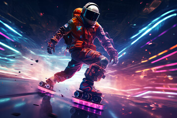 cyberpunk photo of astronaut playing rollerblade colorful outta space