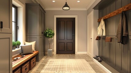 Mudroom design flat design front view entryway 3D render Complementary Color Scheme