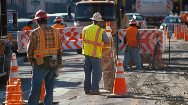 A group of workers setting up temporary traffic control devices and signs to divert traffic away from a construction site.