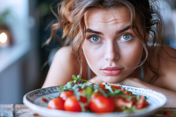 Wall Mural - Canadian woman looks sad and hopeless about the diet program, healthy food